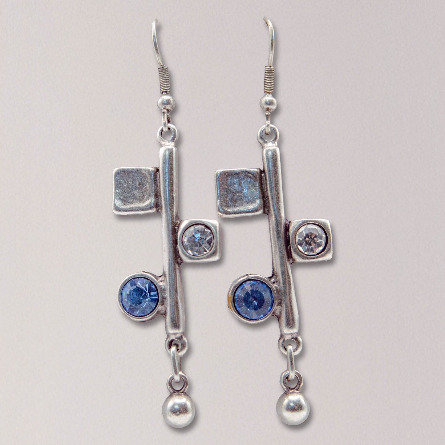 Handmade Drop Key Design with Clear and Blue Crystal Pewter Earrings
