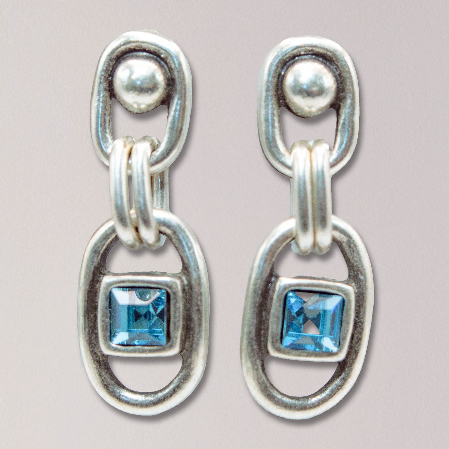 Handmade Small Cushion Cut Blue Topaz Crystal Pewter Earrings