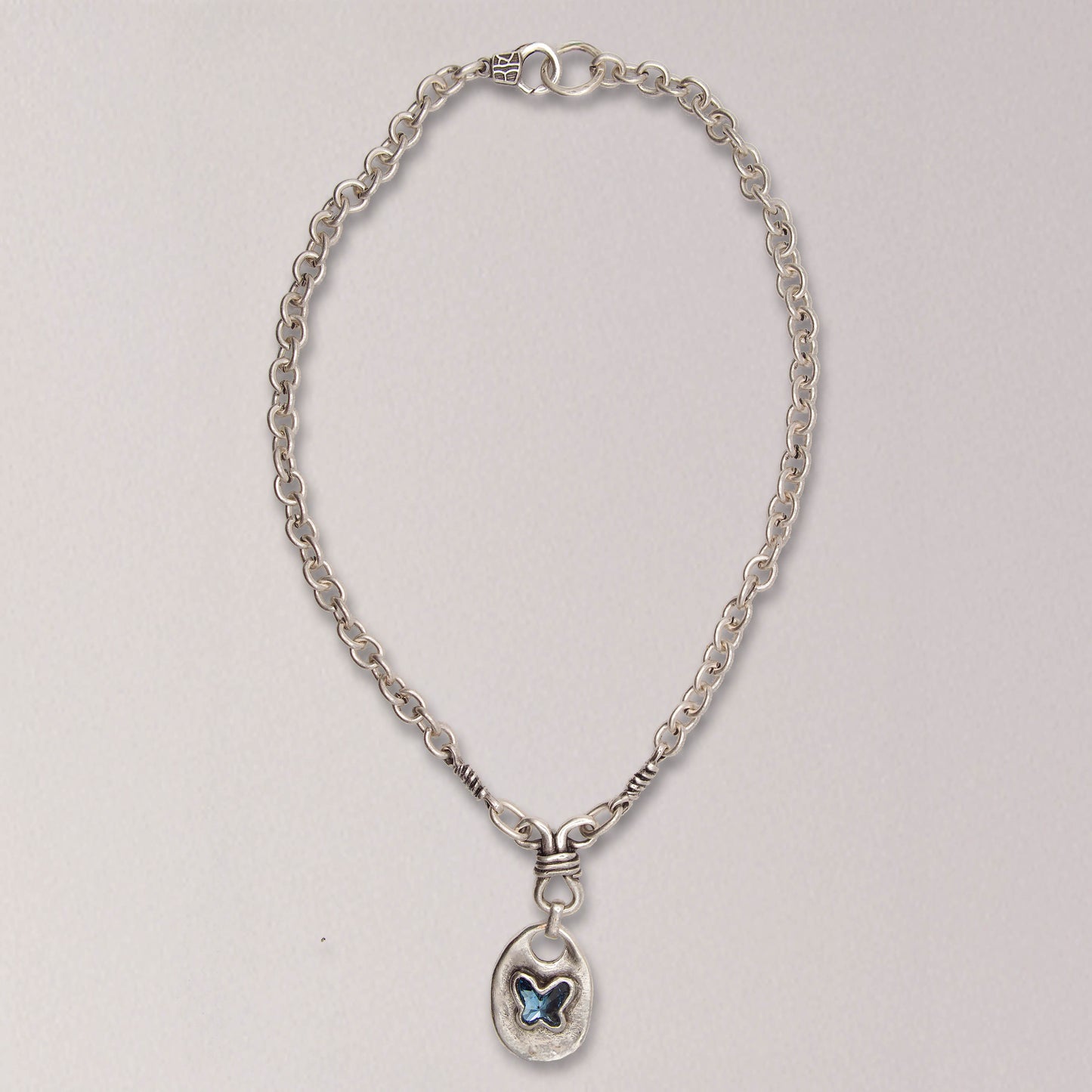 Handmade Butterfly Blue Crystal Pewter Necklace
