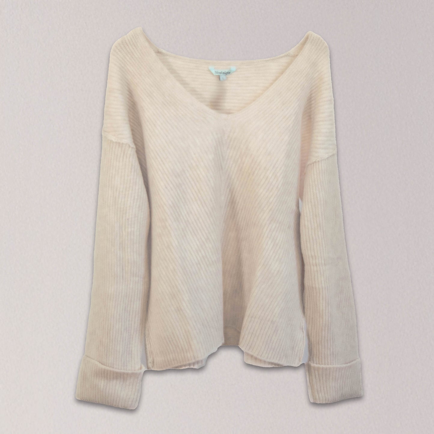 Cream Rib Knit V-Neck Pullover with Cuffed Sleeves