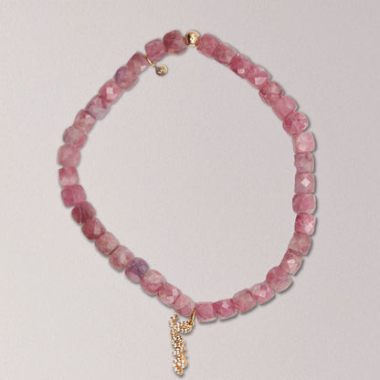 Pink Tourmaline Elastic Bracelet with Love Charm