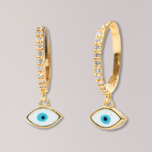 Gold Twist Huggie with Enamel Evil Eye Drop
