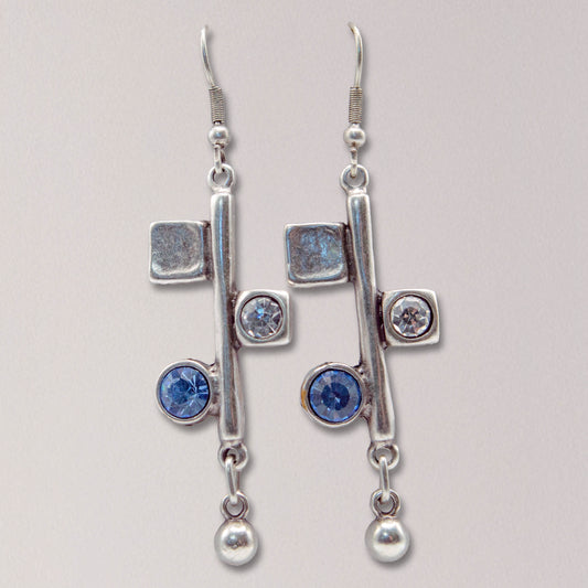 Handmade Drop Key Design with Clear and Blue Crystal Pewter Earrings
