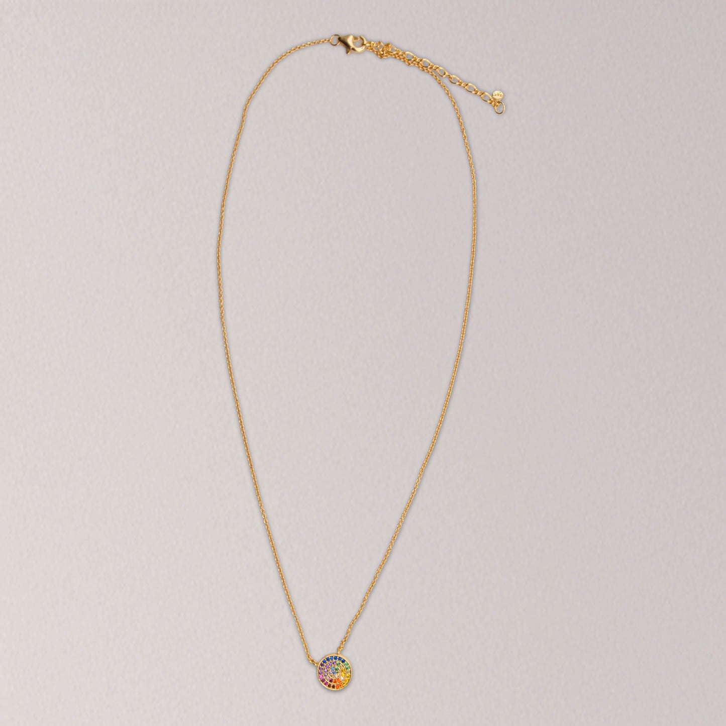 Gold Simple Chain Necklace with Small Rainbow Pavé Disc Pendant