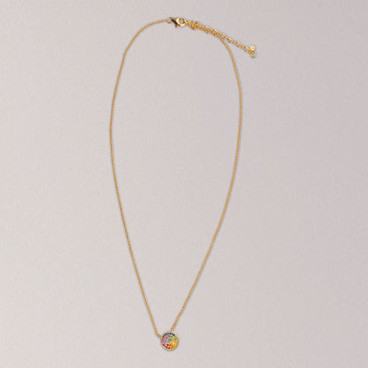 Gold Simple Chain Necklace with Small Rainbow Pavé Disc Pendant