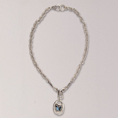 Handmade Butterfly Blue Crystal Pewter Necklace