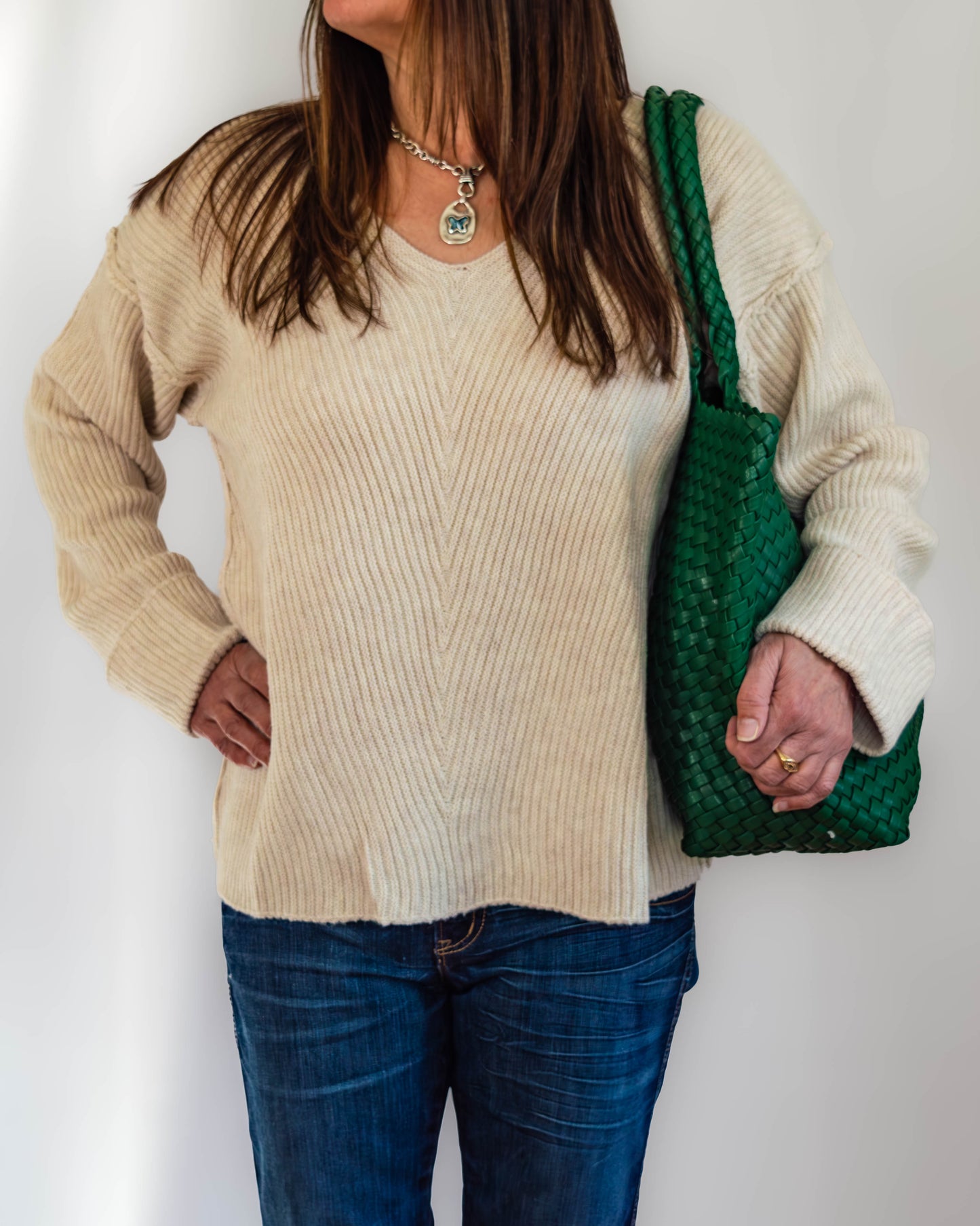 Cream Rib Knit V-Neck Pullover with Cuffed Sleeves